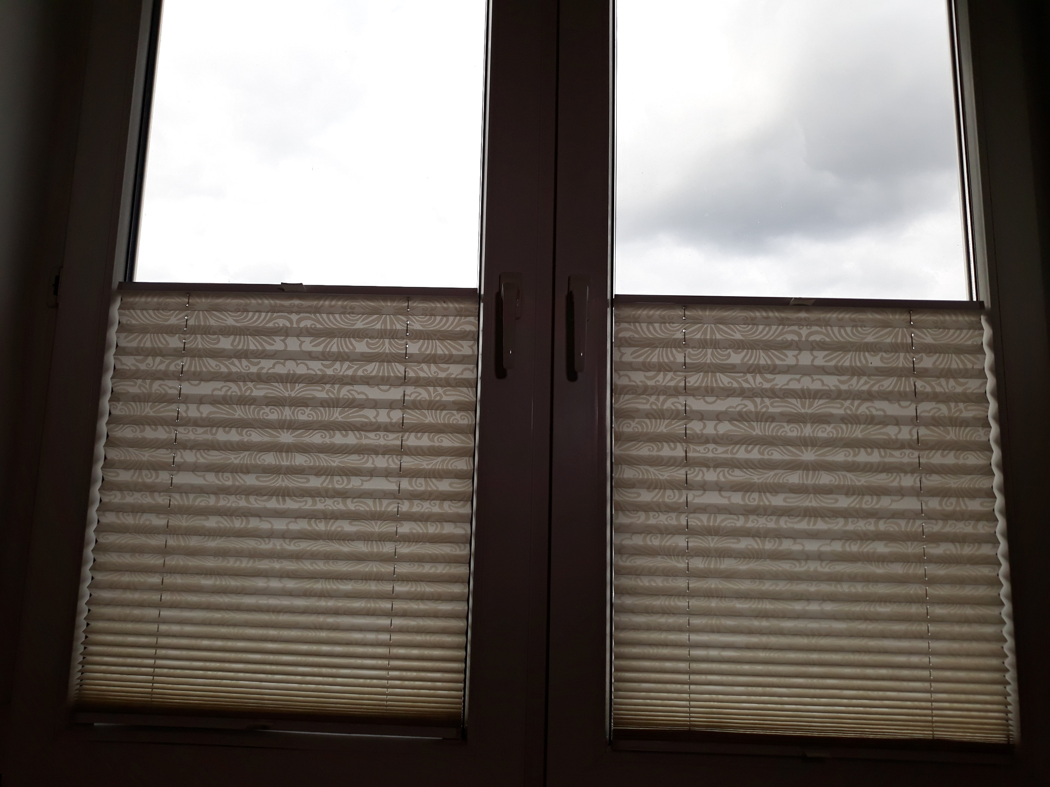 Zamknięte kremowe plisy z delikatnym wzorem na dwuskrzydłowym oknie, widok na pochmurne niebo.