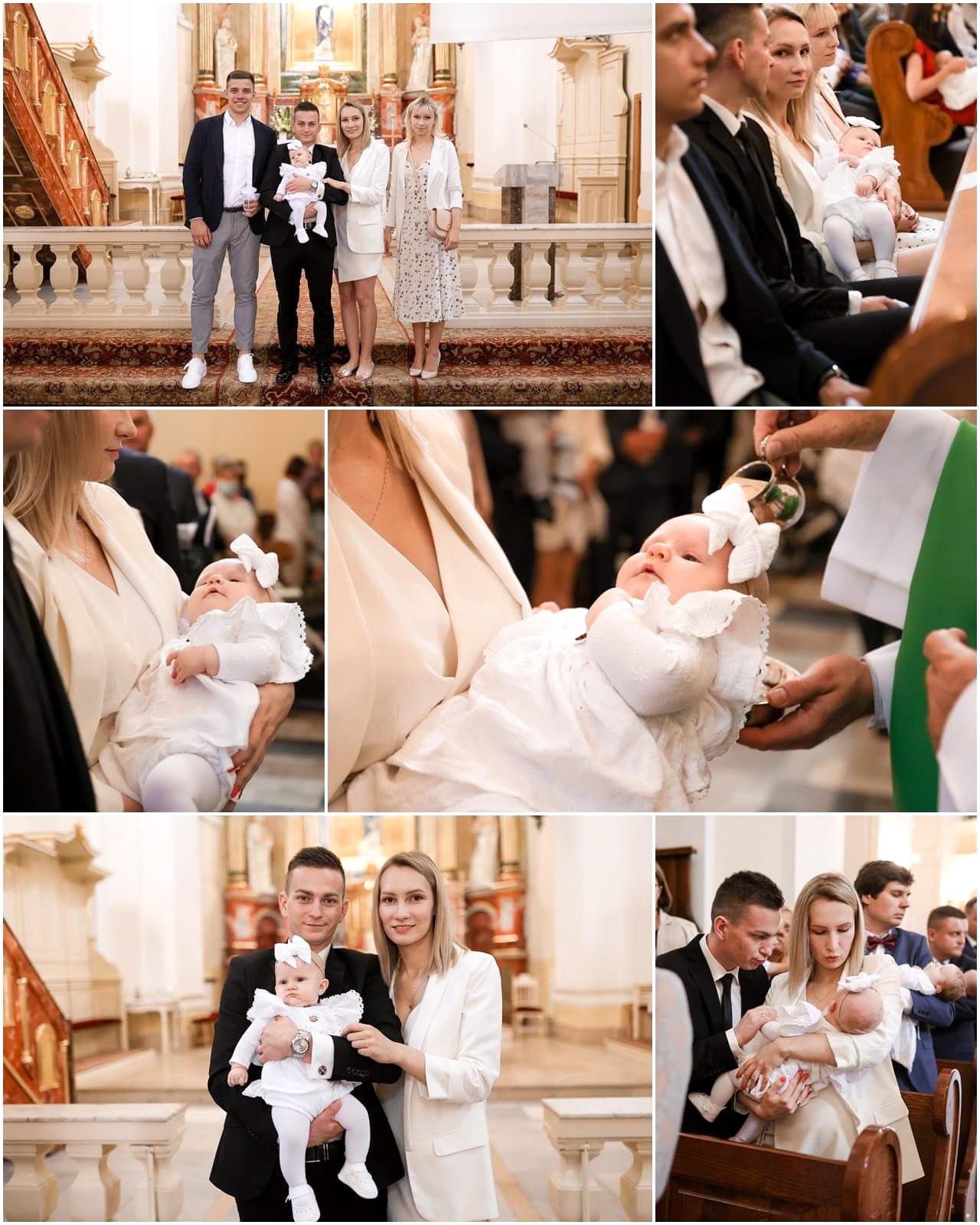 Kolaż zdjęć z uroczystości chrztu: rodzina pozuje na tle kościoła, zbliżenie na dziecko w trakcie chrztu, portret rodziców z dzieckiem.