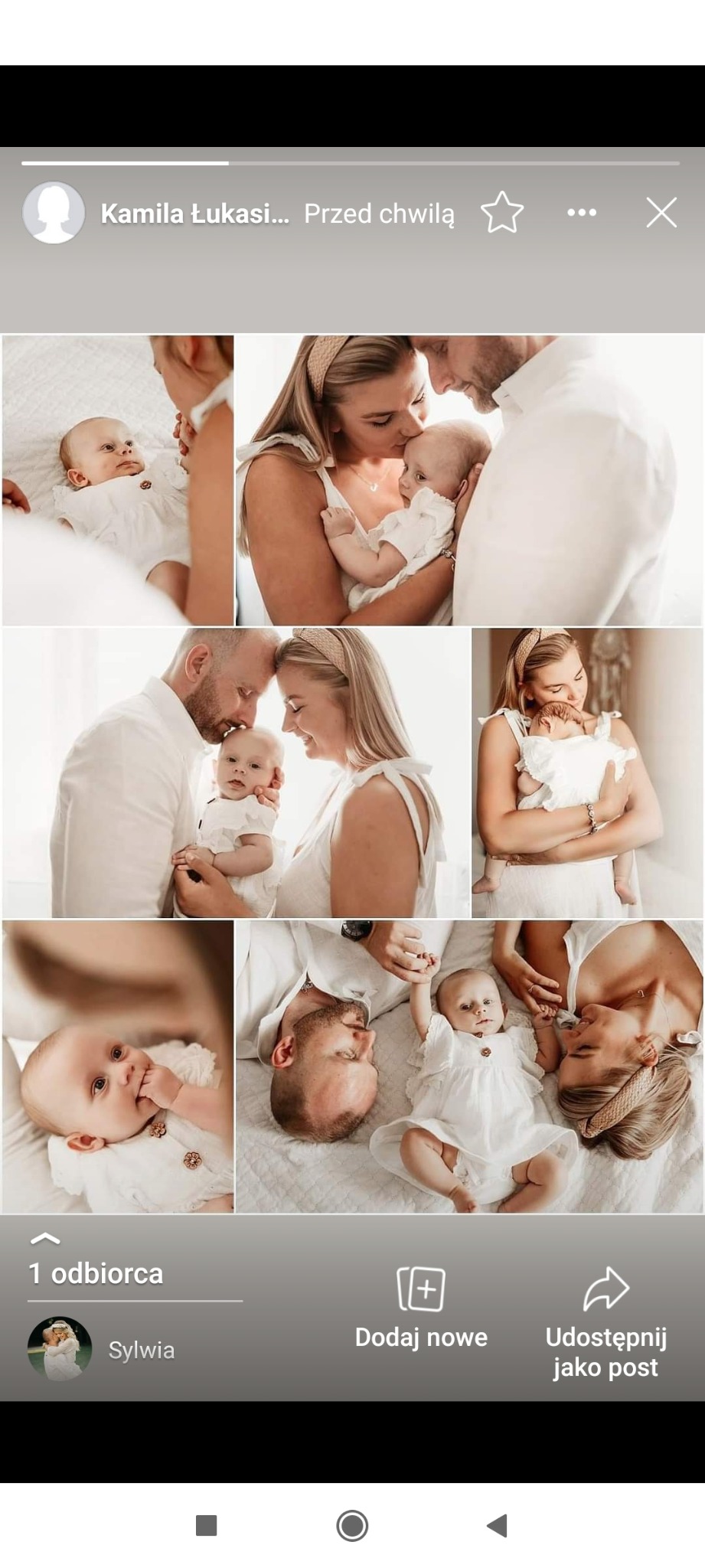 Kolaż zdjęć przedstawiający rodziców w jasnych ubraniach z niemowlęciem w podobnym stroju, uchwycone w różnych pozach na białym tle, ukazujący bliskość i miłość rodzinną.