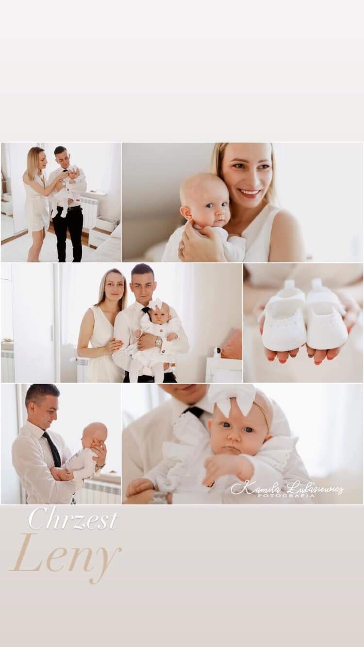 Kolaż zdjęć z uroczystości chrztu dziewczynki: rodzice z dzieckiem, detale ubranka i bucików, portret dziecka z rodzicami, logo fotografa.