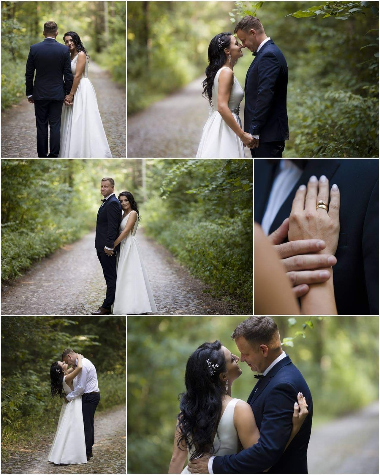 Kolaż zdjęć z sesji ślubnej w leśnej scenerii: para młoda w eleganckich strojach, zbliżenie dłoni z obrączką, romantyczne ujęcia na leśnej ścieżce.