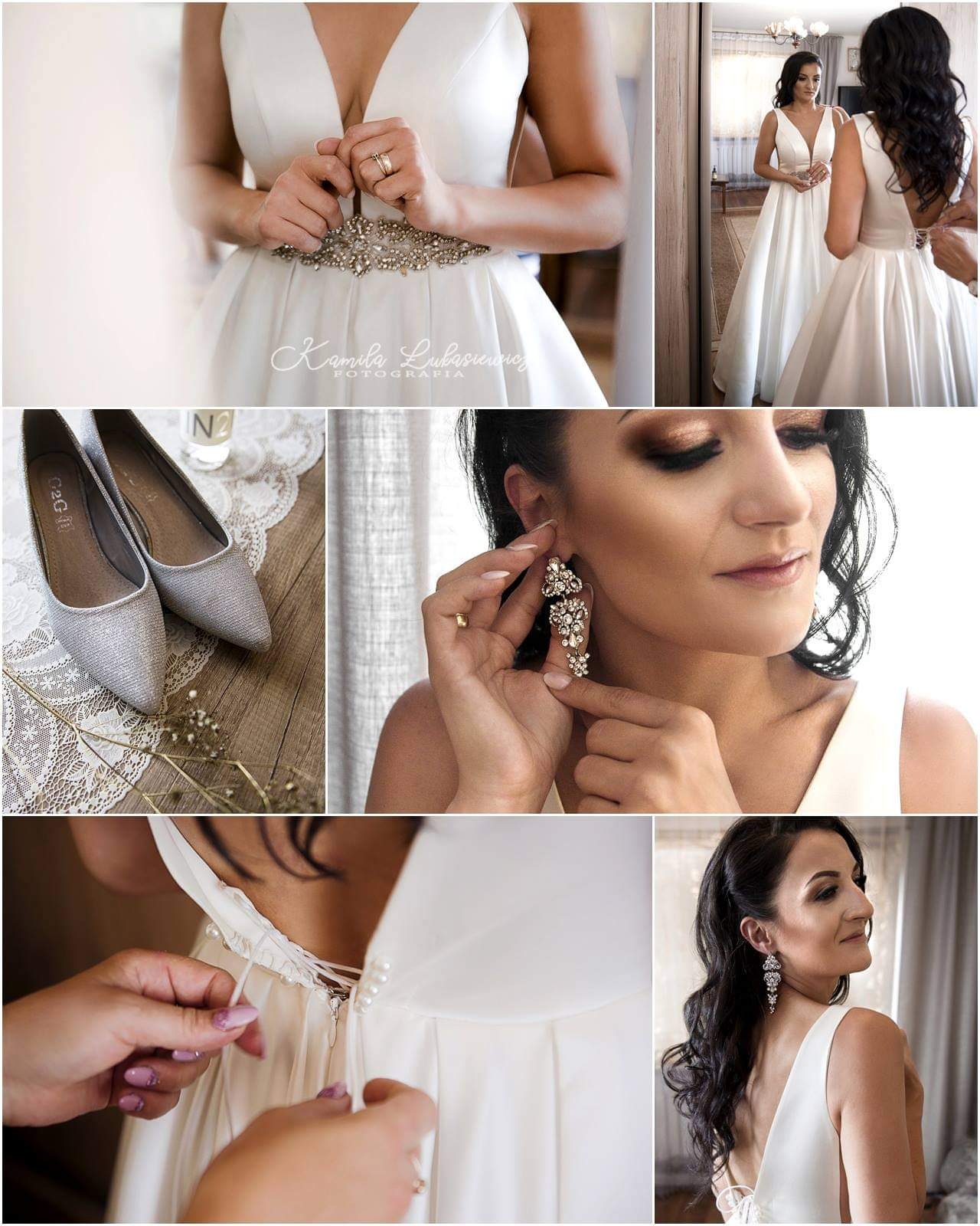 Kolaż zdjęć z przygotowań panny młodej: zapinanie sukni ślubnej z perłami, zakładanie błyszczących kolczyków, srebrne buty na drewnianym stole, panna młoda w lustrze, dłonie trzymające pas...