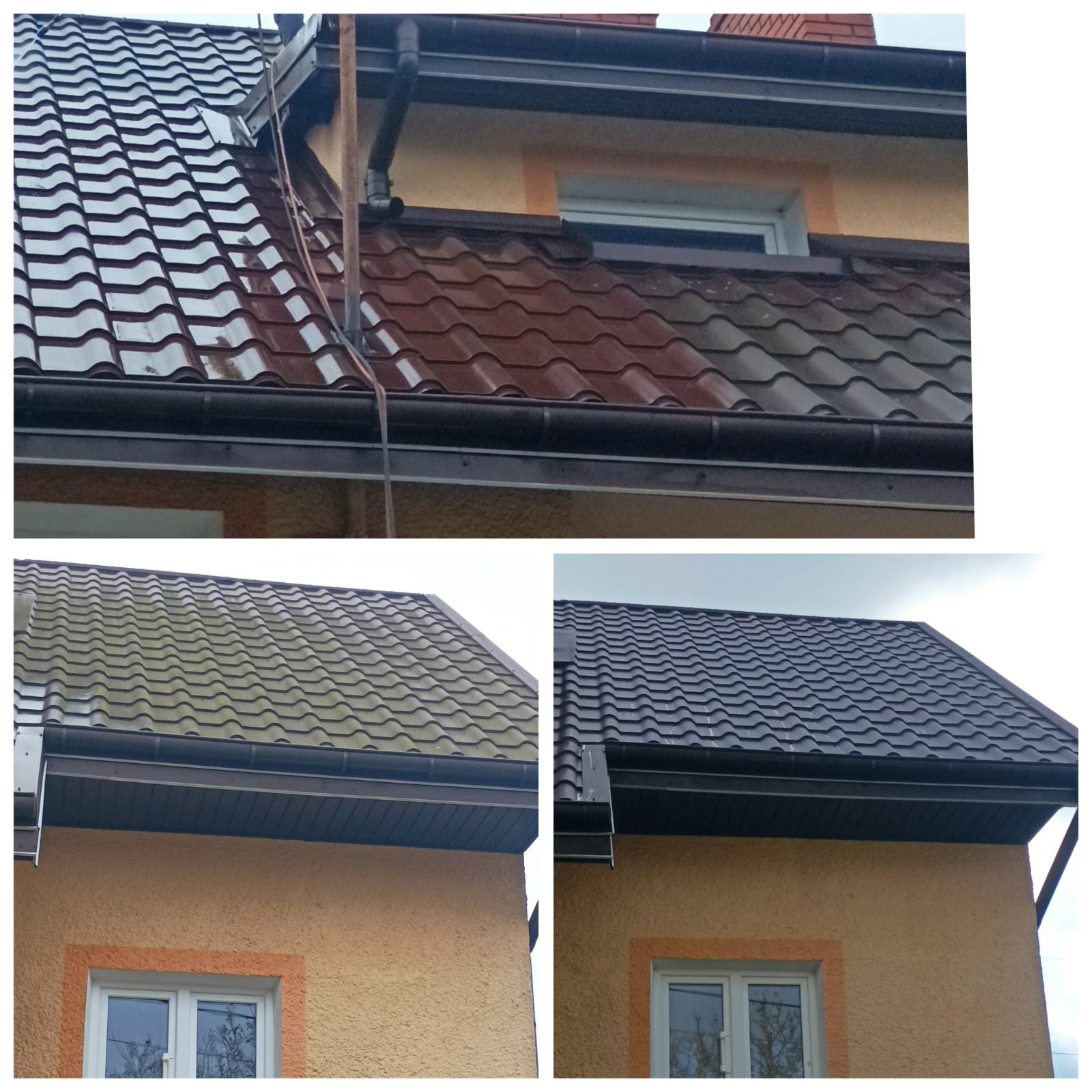 Porównanie dachu z blachodachówki przed i po czyszczeniu, widoczne różnice w kolorze i stopniu zabrudzenia, zarys elewacji budynku.