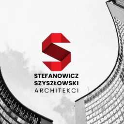 Monochromatyczne ujęcie dwóch wieżowców o zaokrąglonych fasadach z logo firmy Stefanowicz Szyszłowski Architekci w centralnej części kadru.