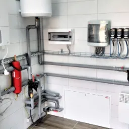 Węzeł cieplny w kotłowni z białymi płytkami, zawierający bojler, grzejnik elektryczny, rozdzielnicę elektryczną, rury izolowane termicznie, zawory i manometry.