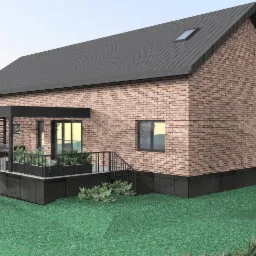 Wizualizacja domu jednorodzinnego z ceglaną elewacją, ciemnym dachem i tarasem z pergolą, otoczonego zielenią.