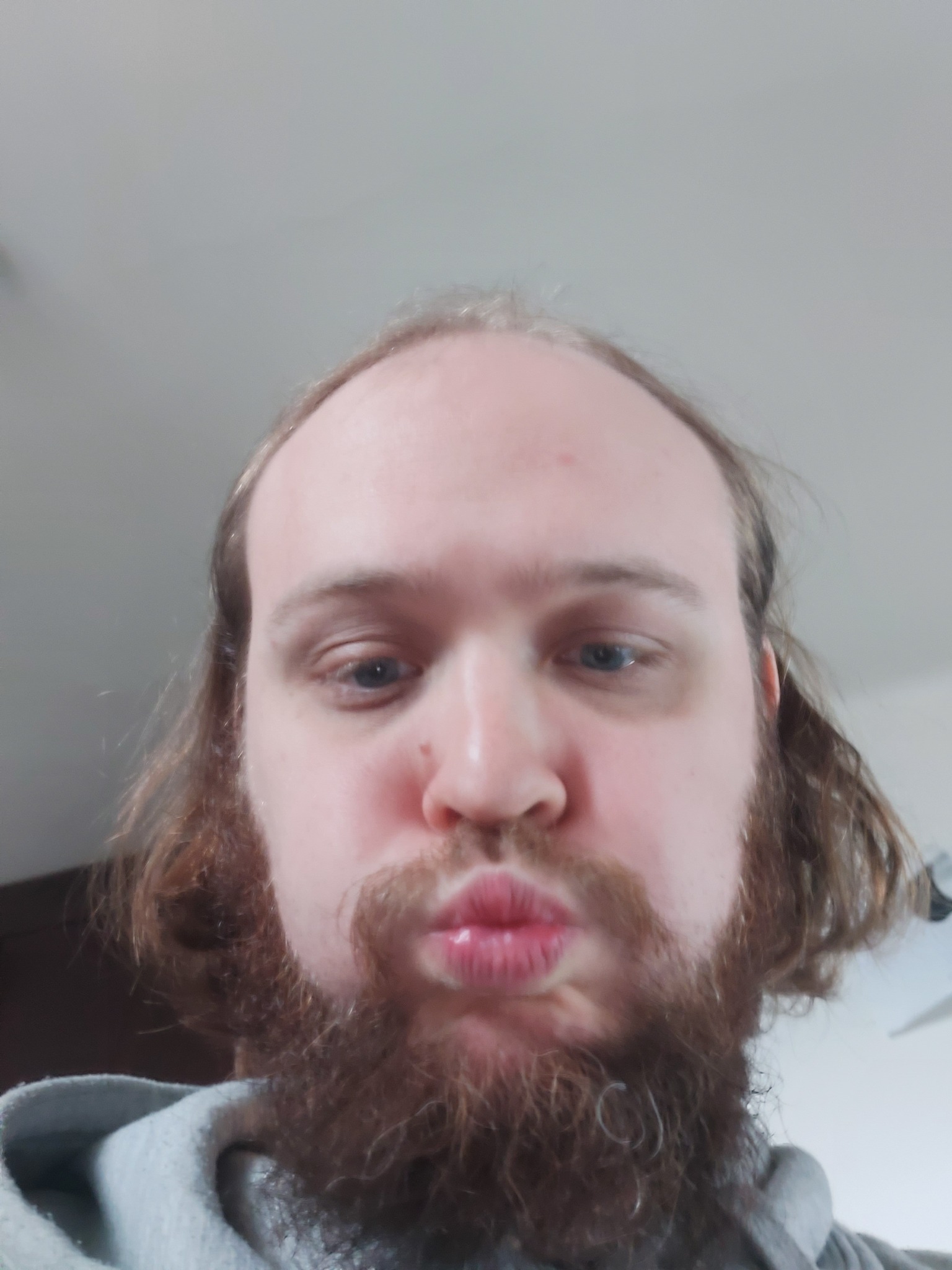 Autoportret mężczyzny z brodą i wąsami robiącego dzióbek, widoczne fragmenty szarej bluzy i sufitu.