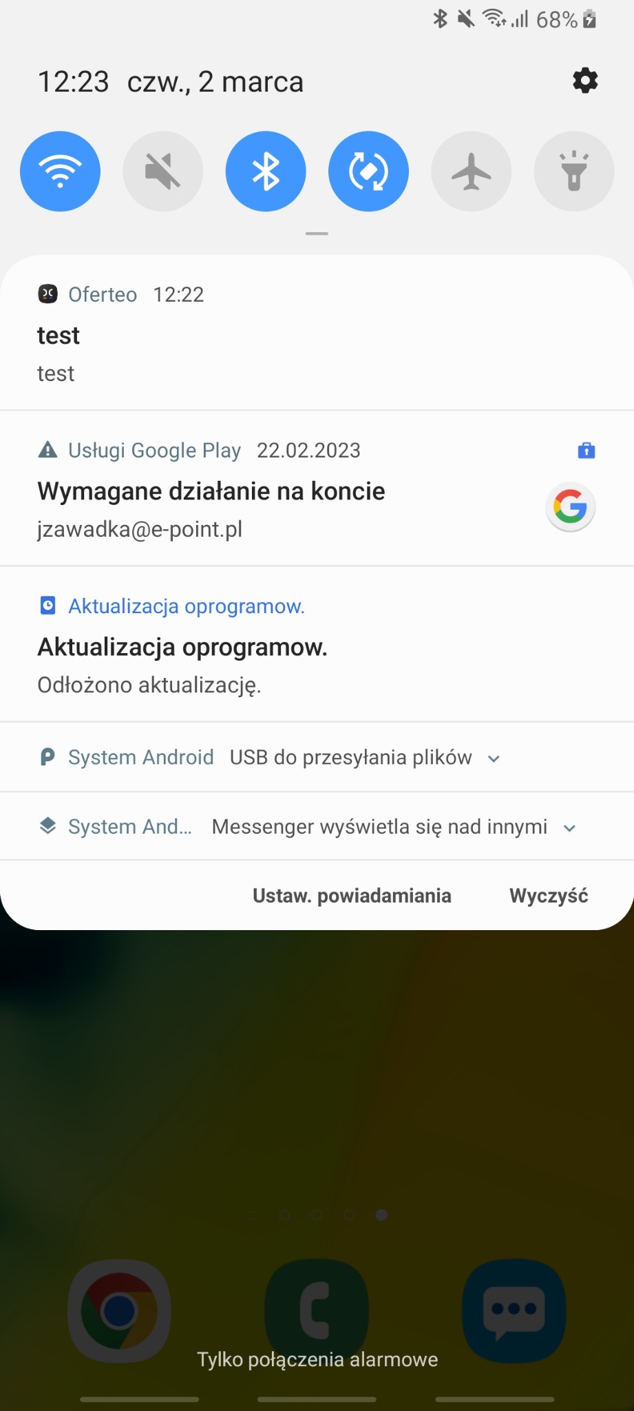 Zrzut ekranu telefonu z powiadomieniem z aplikacji Oferteo o treści 'test' wyświetlonym o 12:22, widoczne także inne powiadomienia systemowe.
