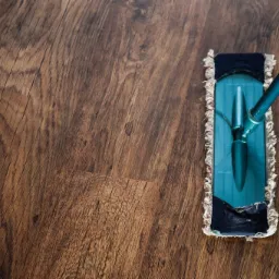 Turkusowy mop z frędzlami na drewnianej podłodze z widoczną strukturą drewna, uchwycony z góry, z wyraźnym akcentem na detale mopa i podłogi.