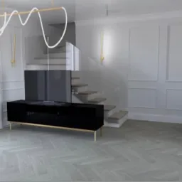 Wizualizacja salonu w Łęcznej: czarna szafka RTV na złotych nóżkach, telewizor, schody z przeszkloną balustradą, parkiet w jodełkę, dekoracyjne oświetlenie i sztukateria.