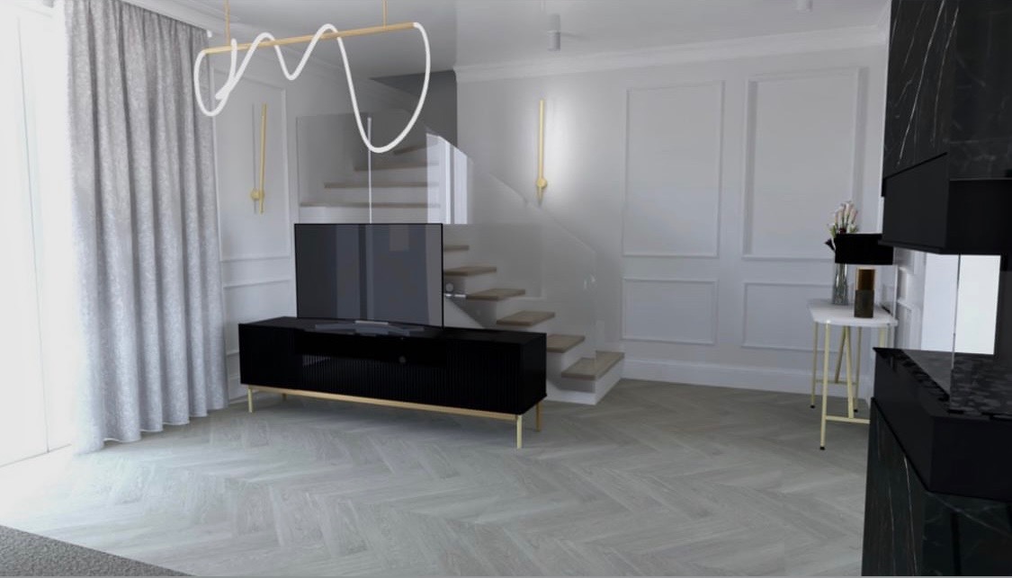 Wizualizacja salonu w Łęcznej: czarna szafka RTV na złotych nóżkach, telewizor, schody z przeszkloną balustradą, parkiet w jodełkę, dekoracyjne oświetlenie i sztukateria.