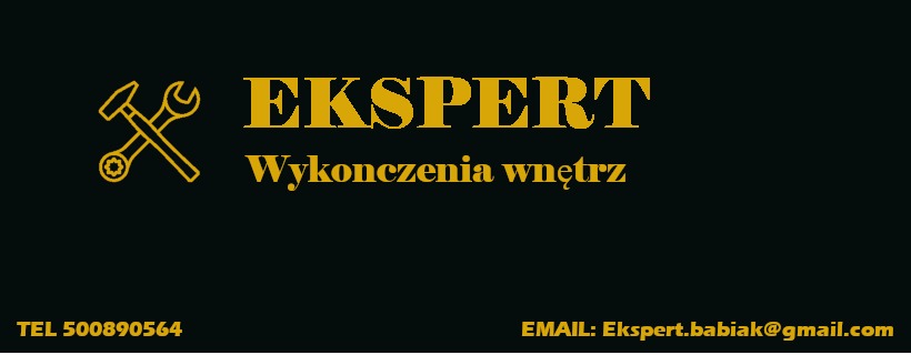 Logo firmy Ekspert Wykończenia Wnętrz na czarnym tle z ikoną skrzyżowanych narzędzi, młotka i klucza francuskiego, oraz danymi kontaktowymi: numerem telefonu i adresem e-mail.