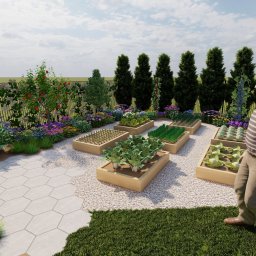 Ogródek warzywny otoczony łąką kwietną w ogrodzie w Grzędzicach
