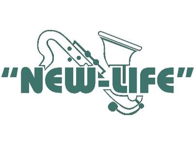 Graficzne logo 'NEW-LIFE' z elementami saksofonu, w kolorze zielonym na białym tle.