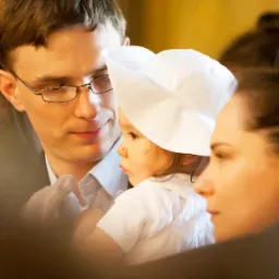 Ujęcie z uroczystości chrztu: mężczyzna w okularach trzyma dziecko w białym ubranku i czepku, obok kobieta, ciepłe oświetlenie.