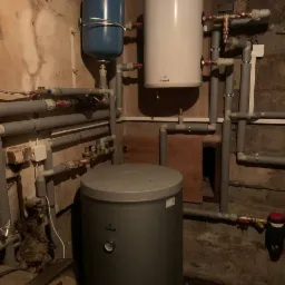 Kompleksowa instalacja grzewcza w piwnicy z szarym zasobnikiem ciepłej wody, białym bojlerem, niebieskim zbiornikiem wyrównawczym i szarymi rurami PCV.