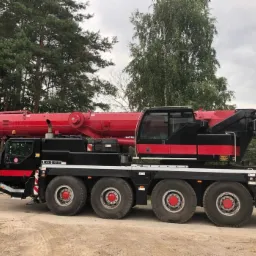 Czerwono-czarny dźwig samochodowy Liebherr na sześciu osiach, zaparkowany na żwirowej drodze, z lasem w tle.