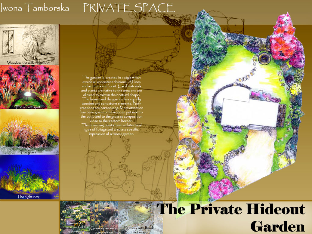 Koncepcja ogrodu w formie akwareli, prezentująca widok z góry na dom z ogrodem, z zaznaczonymi ścieżkami, rabatami kwiatowymi i elementami małej architektury, na tle szkicu zagospodarowania terenu.