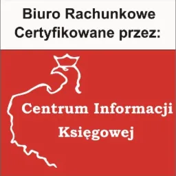 Logo Biura Rachunkowego certyfikowanego przez Centrum Informacji Księgowej, z stylizowanym orłem w koronie na czerwonym tle.