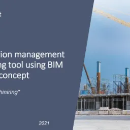 Wizualizacja narzędzia wspomagającego zarządzanie budową z wykorzystaniem BIM, przedstawiająca budynek w trakcie wznoszenia z żurawiem wieżowym na tle błękitnego nieba.