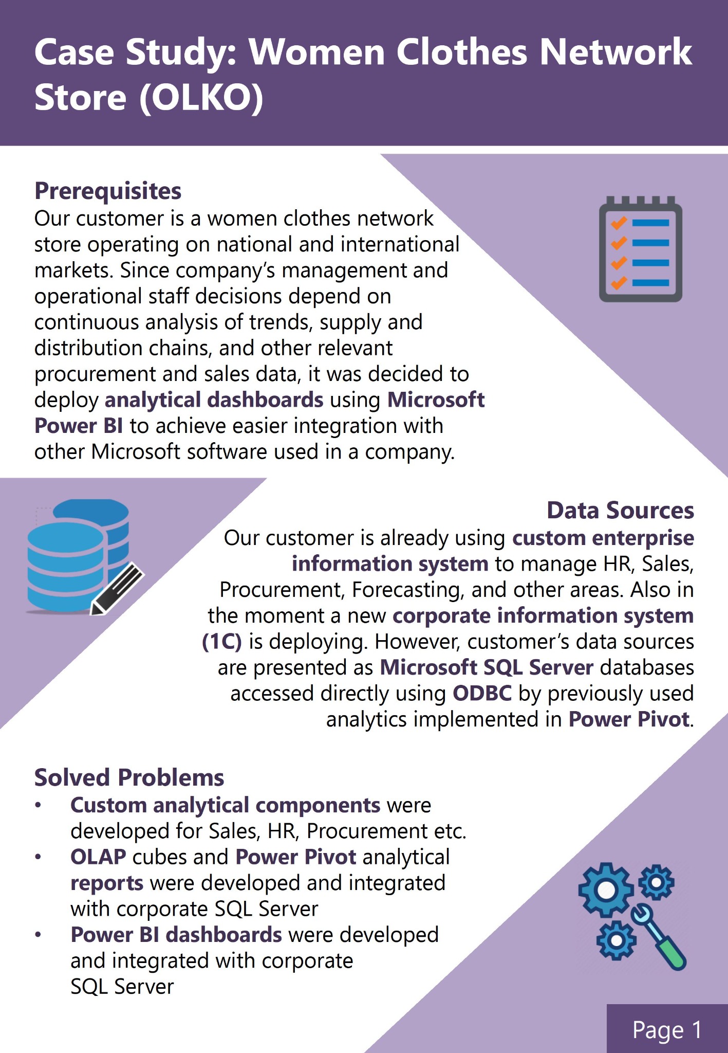 Slajd prezentacji case study wdrożenia Microsoft Power BI w sieci sklepów odzieżowych dla kobiet, ilustrujący analizę danych sprzedażowych, integrację z SQL Server i wykorzystanie danych z systemów...
