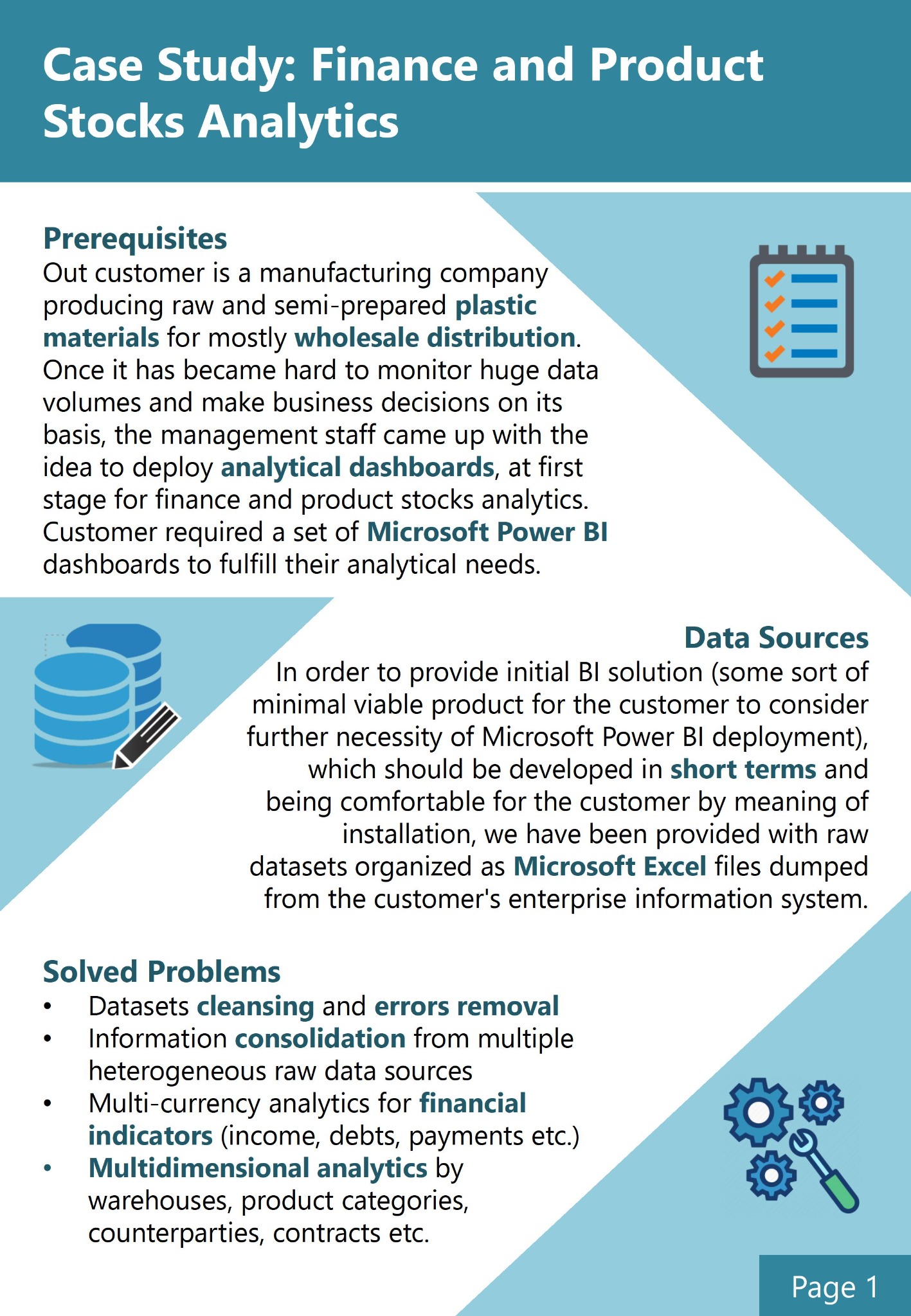 Infografika przedstawiająca studium przypadku analizy finansów i zapasów produktów, opisująca wymagania, źródła danych i rozwiązane problemy, w tym czyszczenie danych, konsolidację informacji...