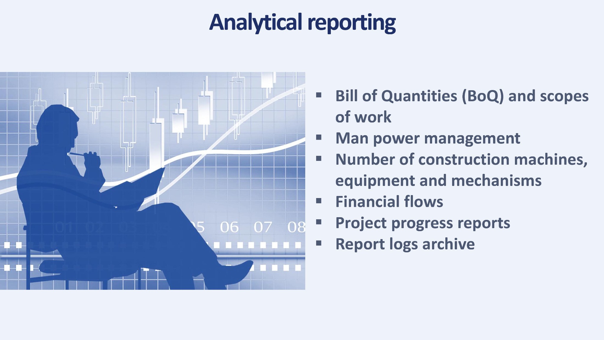 Sylwetka osoby siedzącej na krześle z dokumentem w ręku, na tle wykresu analitycznego z elementami wizualizacji danych finansowych i napisami dotyczącymi raportowania analitycznego.