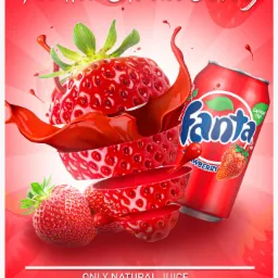 Reklama napoju Fanta Strawberry z soczystymi truskawkami i dynamicznym rozpryskiem czerwonego płynu.