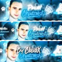 CDesign - Projekt baneru w odcieniach niebieskiego z portretem mężczyzny, logotypem, ikonami social media, grafiką psów rasy Samoyed i motywem pizzy.