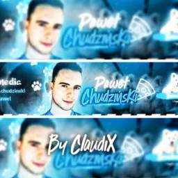 Projekt baneru w odcieniach niebieskiego z portretem mężczyzny, logotypem, ikonami social media, grafiką psów rasy Samoyed i motywem pizzy.