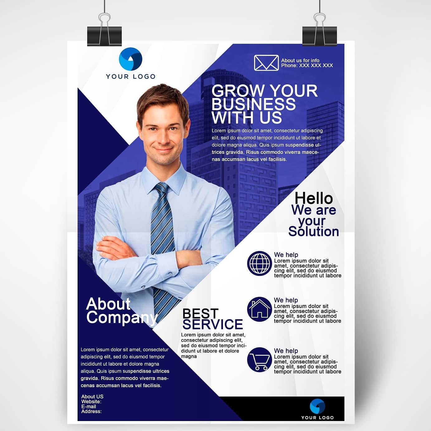 Plakat reklamowy z uśmiechniętym mężczyzną na tle panoramy miasta, wiszący na klipsie, promujący usługi firmy z Grudziądza.