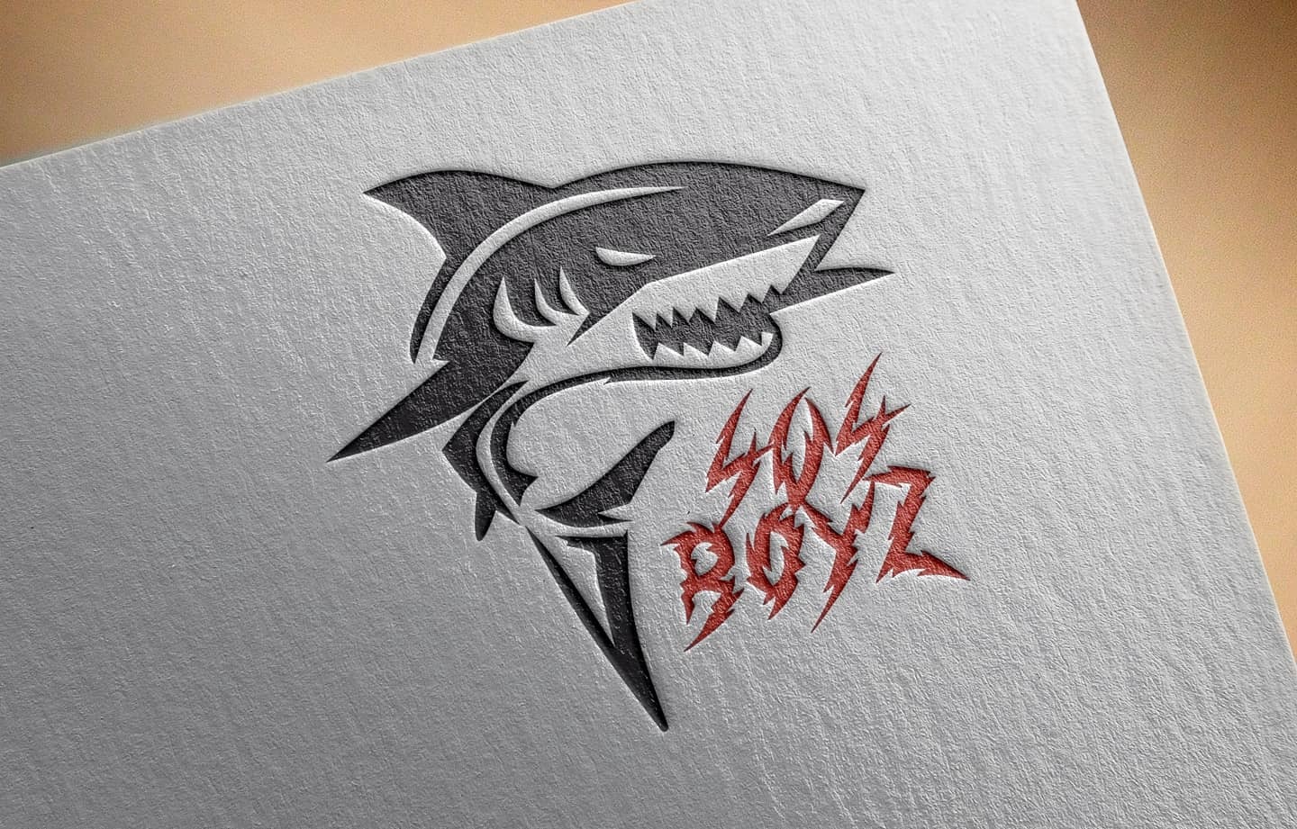 Grafika logo przedstawiająca rekina w kolorze szarym z czerwonym napisem '404 Boyz' na teksturowanym, białym tle.