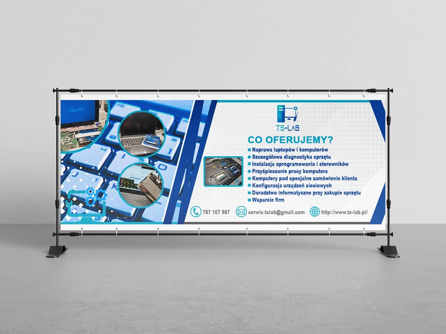 Baner reklamowy firmy TS-LAB oferującej naprawę laptopów, diagnostykę sprzętu, instalację oprogramowania, przyspieszanie pracy komputera, konfigurację urządzeń sieciowych i doradztwo informatyczne,...