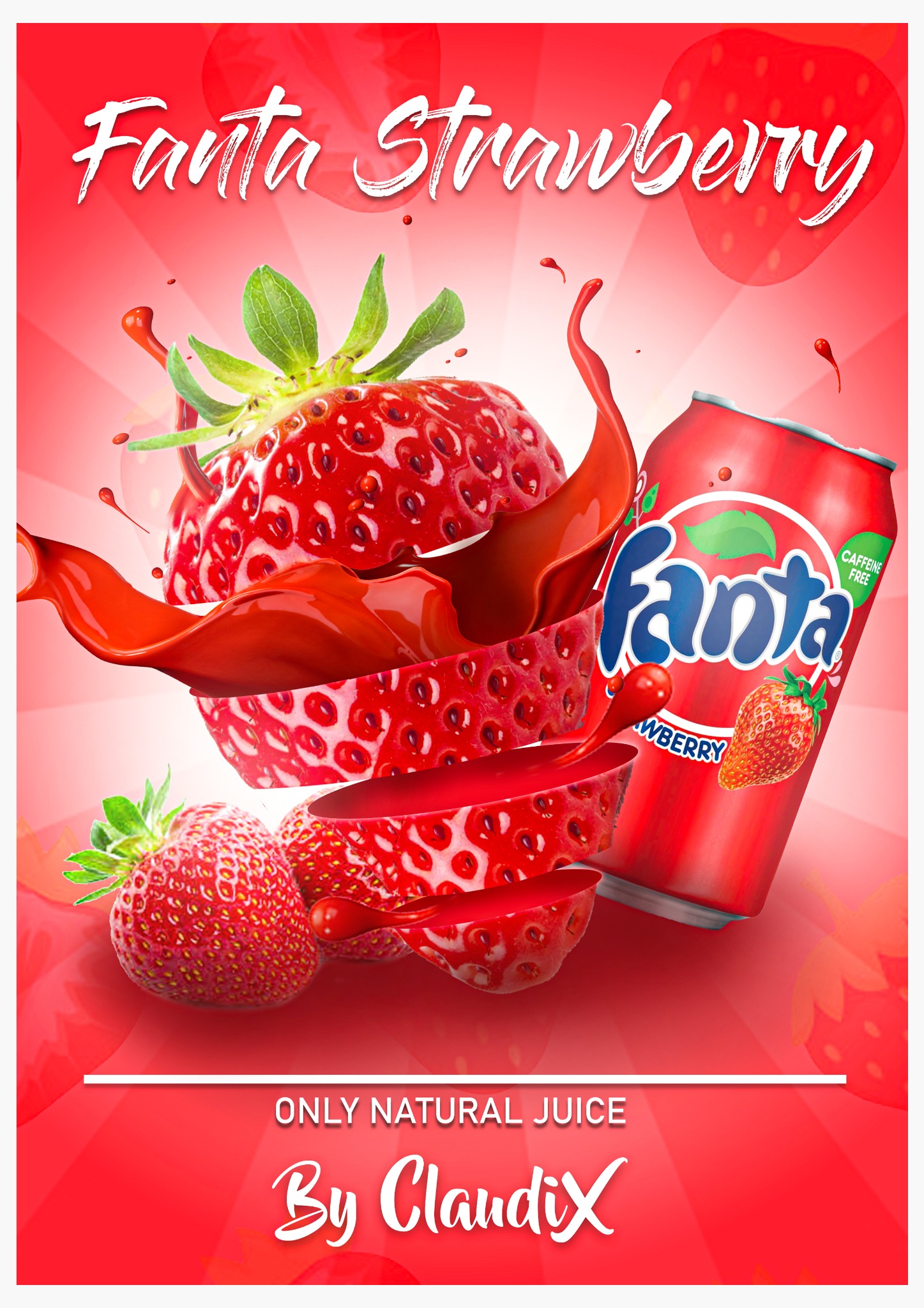 Reklama napoju Fanta Strawberry z soczystymi truskawkami i dynamicznym rozpryskiem czerwonego płynu.