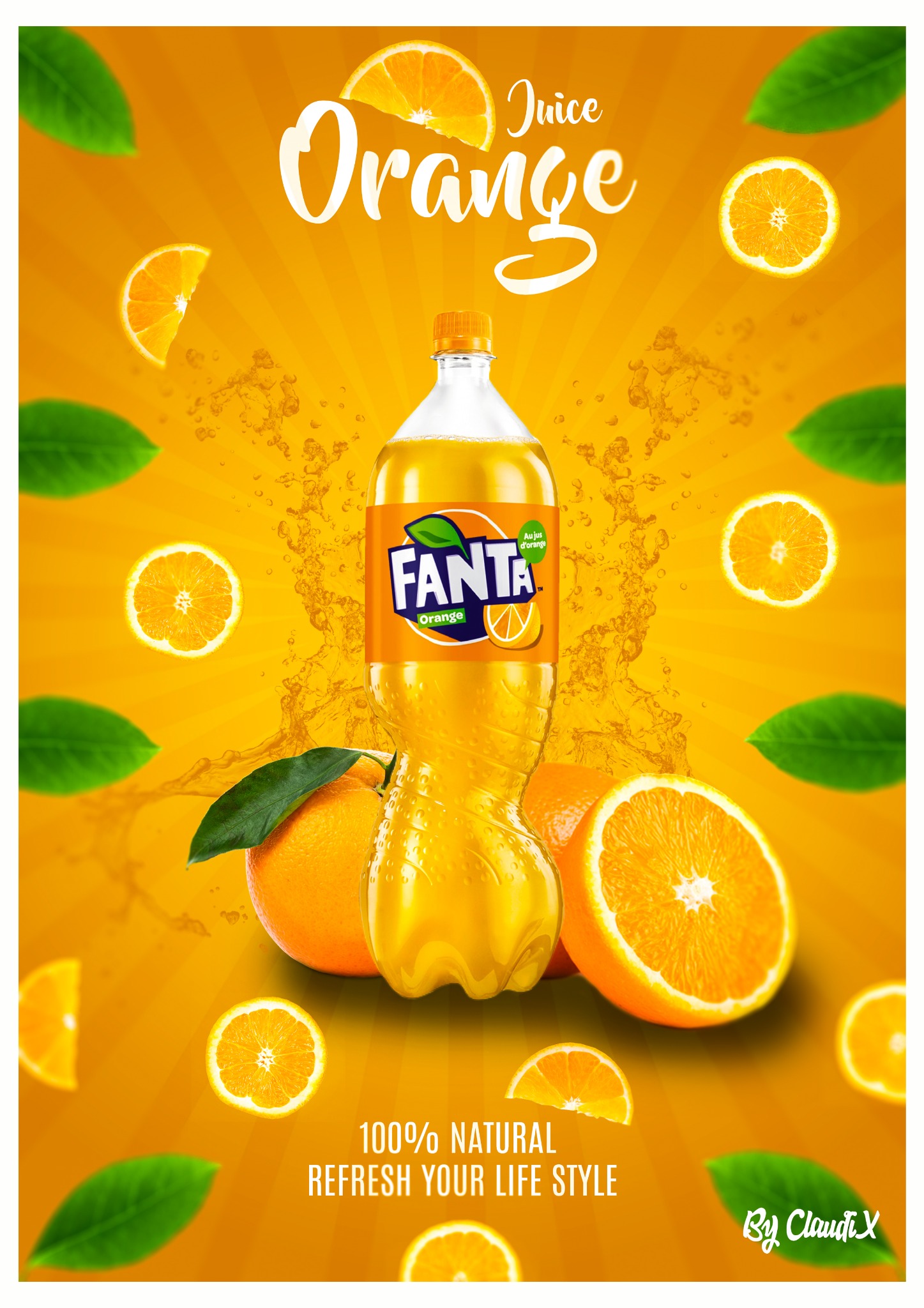 Promocyjna grafika oranżady Fanta Orange z całymi i przekrojonymi pomarańczami oraz zielonymi liśćmi na gradientowym, pomarańczowym tle z efektem rozprysku.