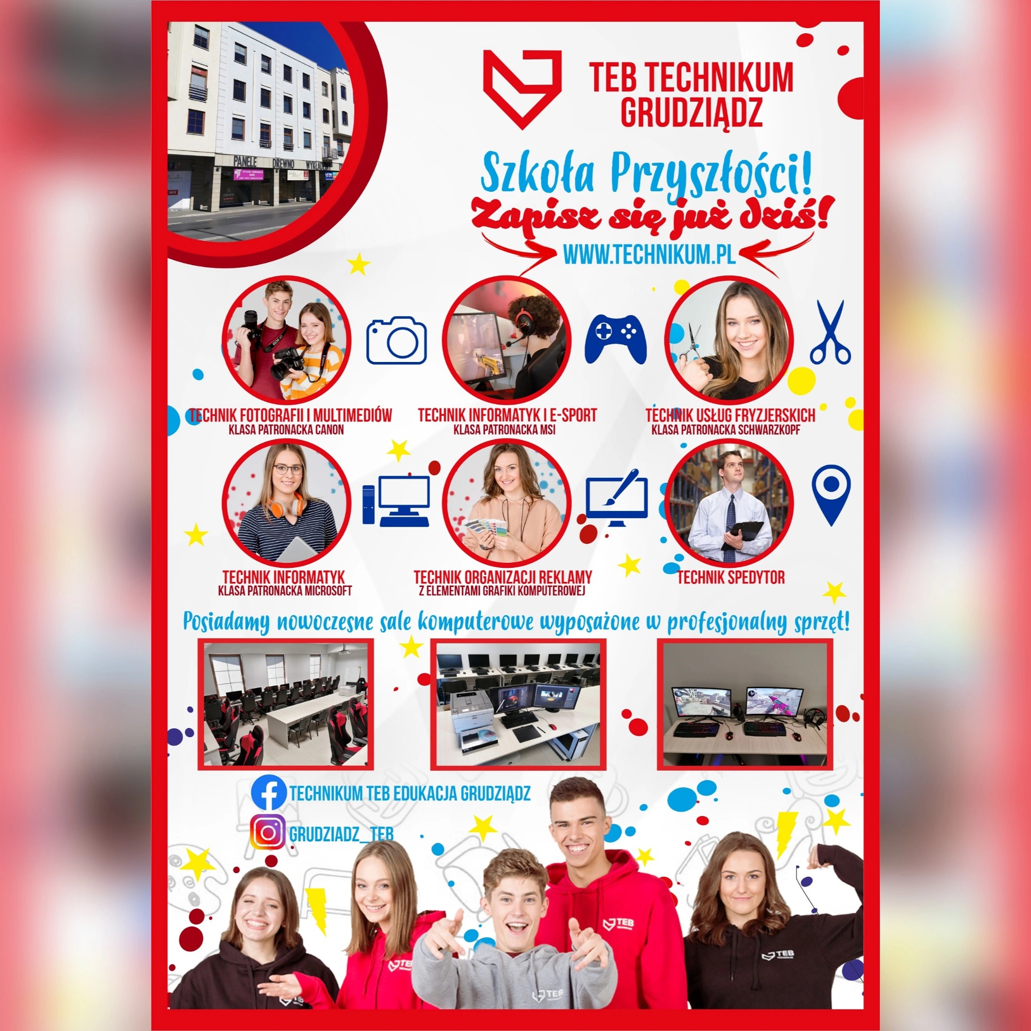 Plakat reklamowy szkoły TEB Technikum Grudziądz prezentujący różne kierunki kształcenia, takie jak fotografia, informatyka, e-sport, usługi fryzjerskie, organizacja reklamy z elementami grafiki...