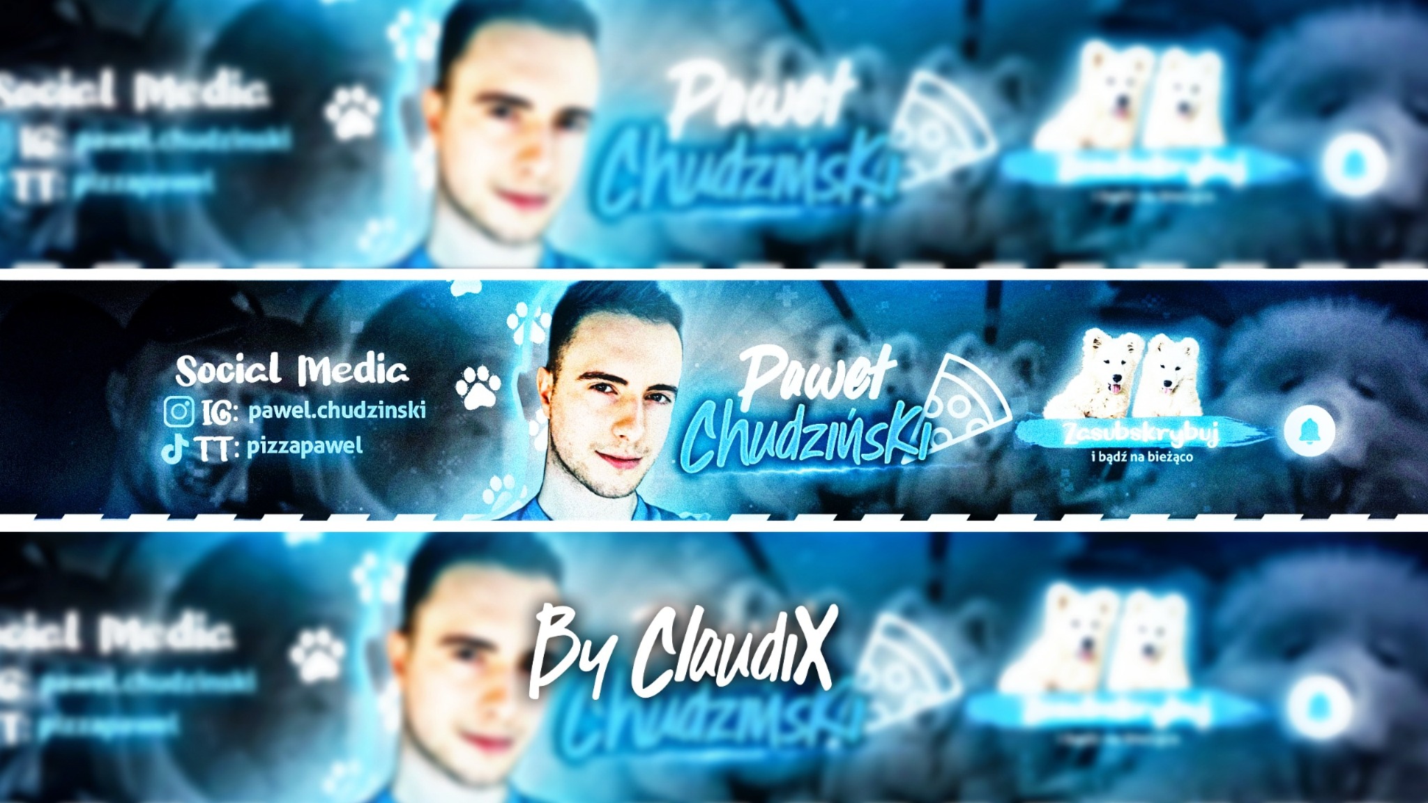 Projekt baneru w odcieniach niebieskiego z portretem mężczyzny, logotypem, ikonami social media, grafiką psów rasy Samoyed i motywem pizzy.