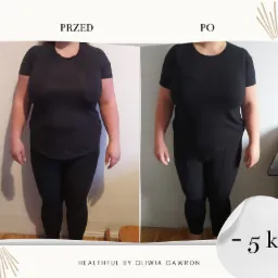Porównanie sylwetki kobiety przed i po kuracji, widoczna utrata wagi -5 kg, na jasnym tle.