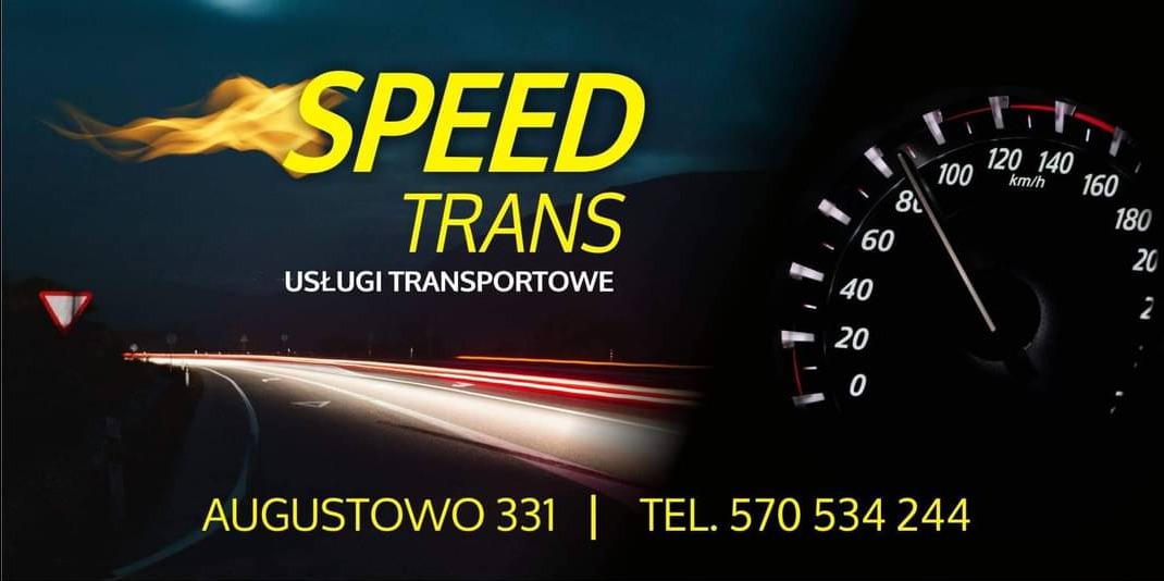 Grafika reklamowa firmy Speed Trans z Augustowa, oferującej usługi transportowe, z motywem płomieni i licznikiem prędkości.
