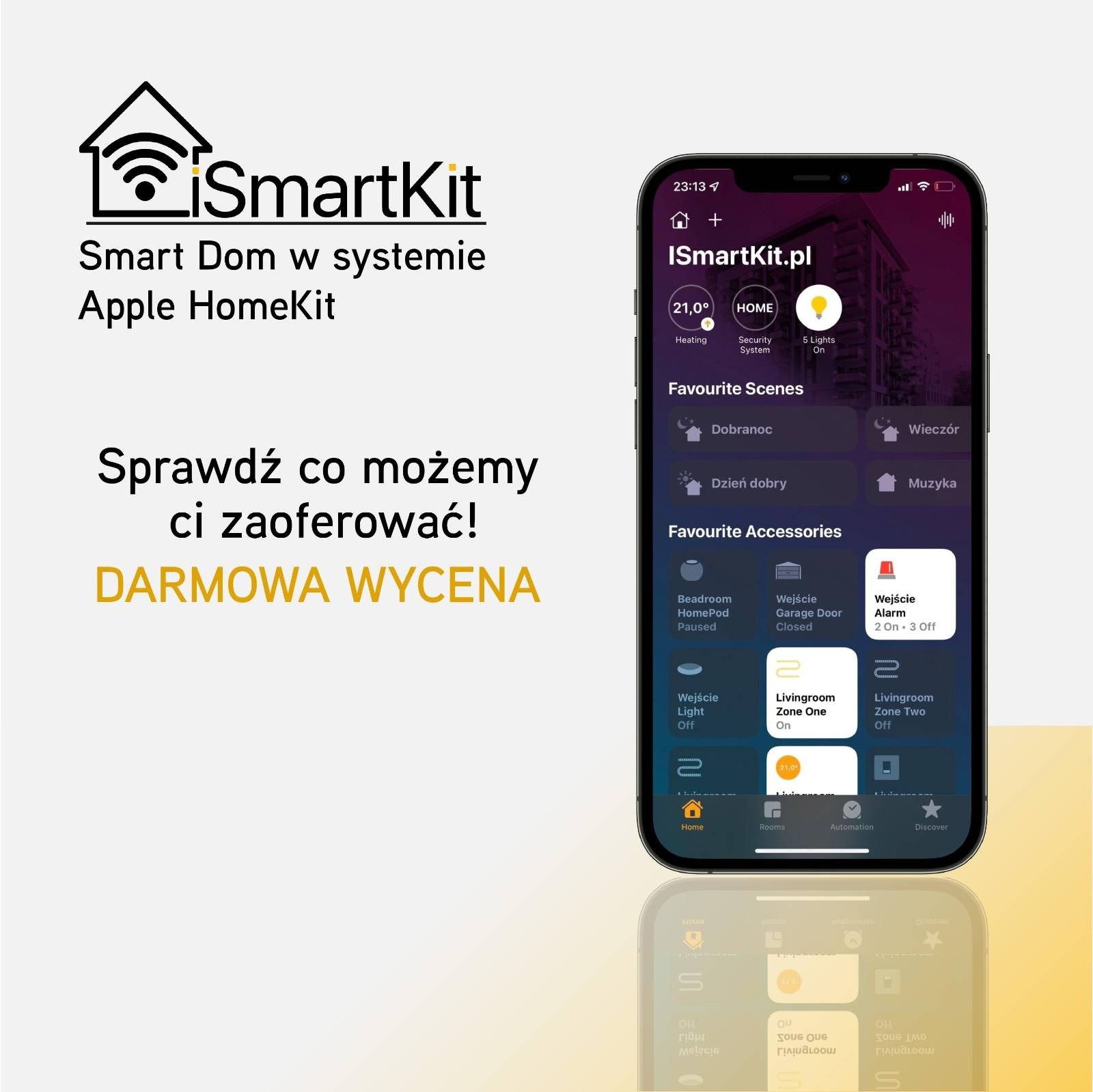Ekran smartfona prezentujący interfejs aplikacji do zarządzania inteligentnym domem, z widocznymi scenami i akcesoriami, takimi jak ogrzewanie, alarm, oświetlenie, z uwzględnieniem sterowania...