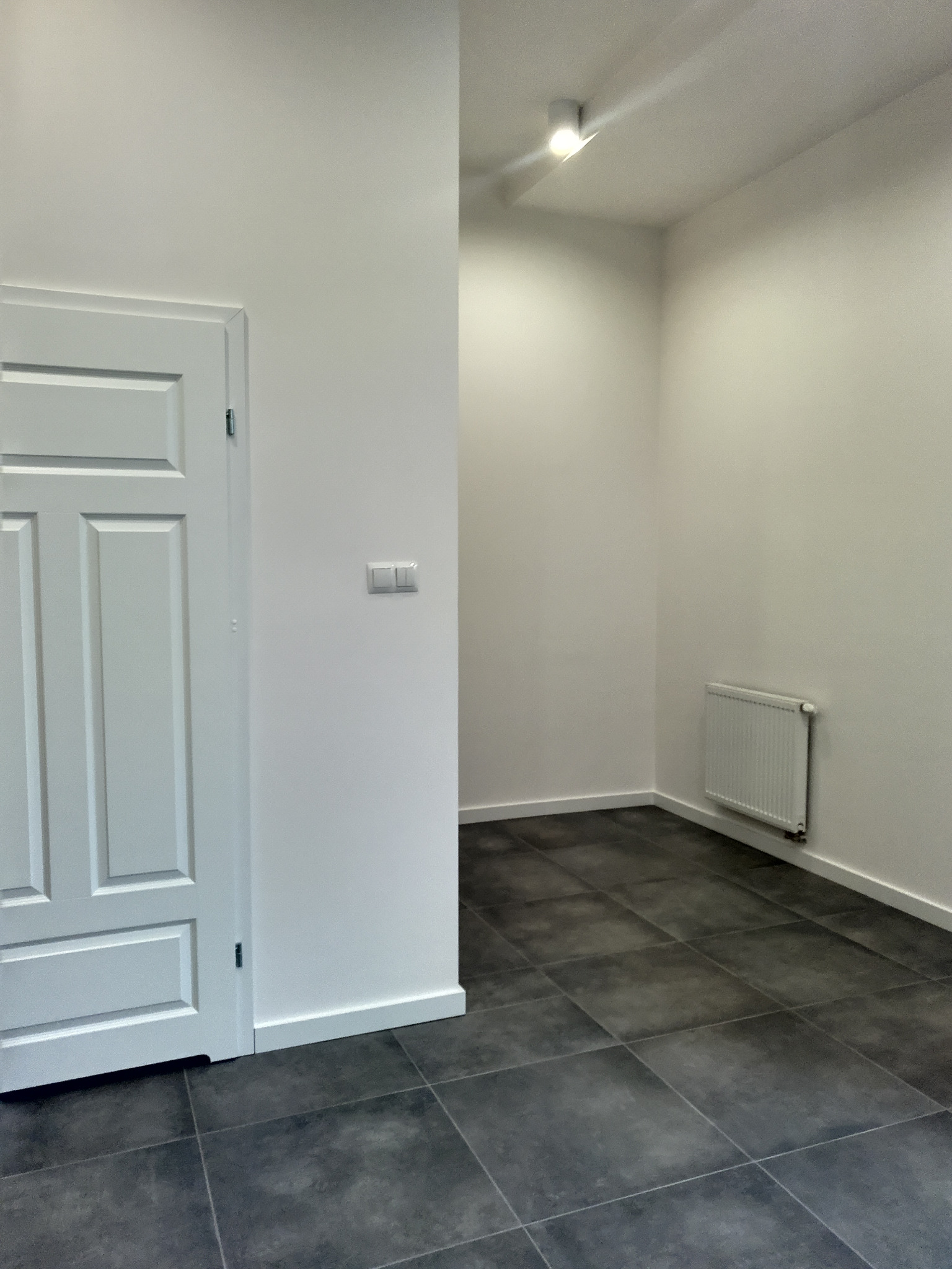 Pomalowane na biało wnętrze z szarą podłogą z płytek, białymi drzwiami z panelami, grzejnikiem na ścianie i punktowym oświetleniem sufitowym.