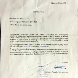 Skan referencji dla tłumacza języka angielskiego Marcina Słomy od Europejskiej Fundacji Praw Człowieka, datowane na 28 lipca 2014 z podpisem zastępcy dyrektora Edyty Urbanowicz.
