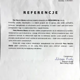 Skan dokumentu referencyjnego dla Pana Marcina Słomy, wystawionego 13.08.2015 we Wrocławiu przez Biuro Obsługi Klienta, z tekstem opisującym jego kompetencje w realizacji projektów edukacyjnych.