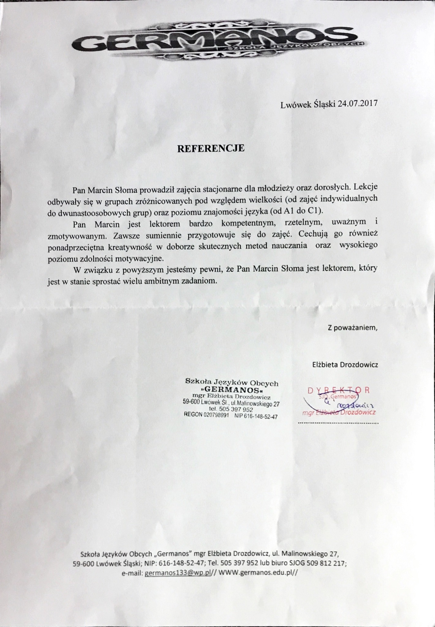 Skan dokumentu referencyjnego dla lektora języków obcych, wystawionego przez Szkołę Języków Obcych Germanos z Lwówka Śląskiego, datowany na 24.07.2017, z podpisem i pieczątką dyrektora Elżbiety...