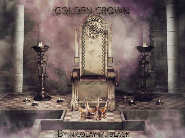 Rendered image of a golden crown resting on a stone platform in front of an ornate throne, flanked by tall candle stands in a gothic, smoky setting.
