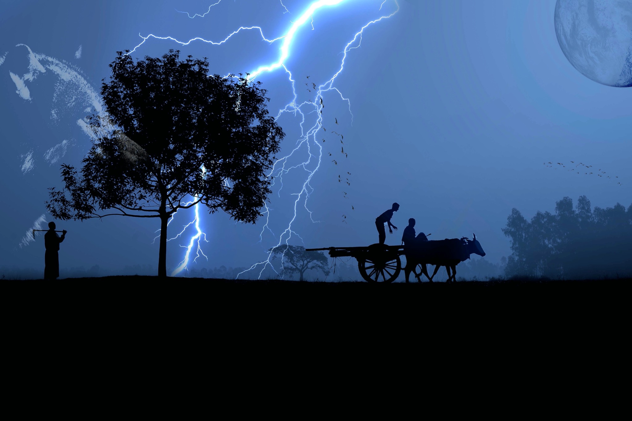 Silhouetted rural scene featuring a farmer with a tool near a tree, a bullock cart with two figures, birds flying, and lightning strikes in the background under a large moon.