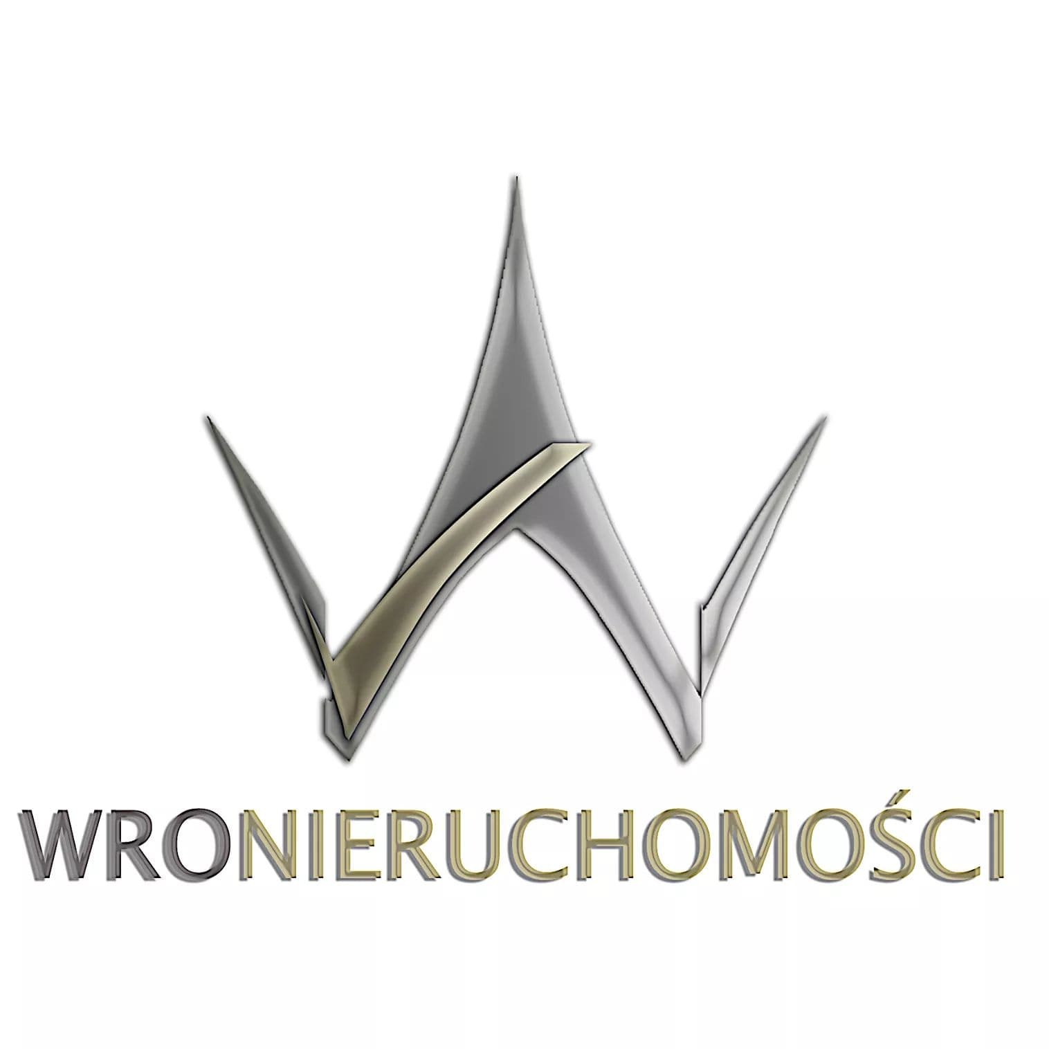 Logo firmy Wronieruchomości z abstrakcyjnym symbolem korony w odcieniach szarości i złota.