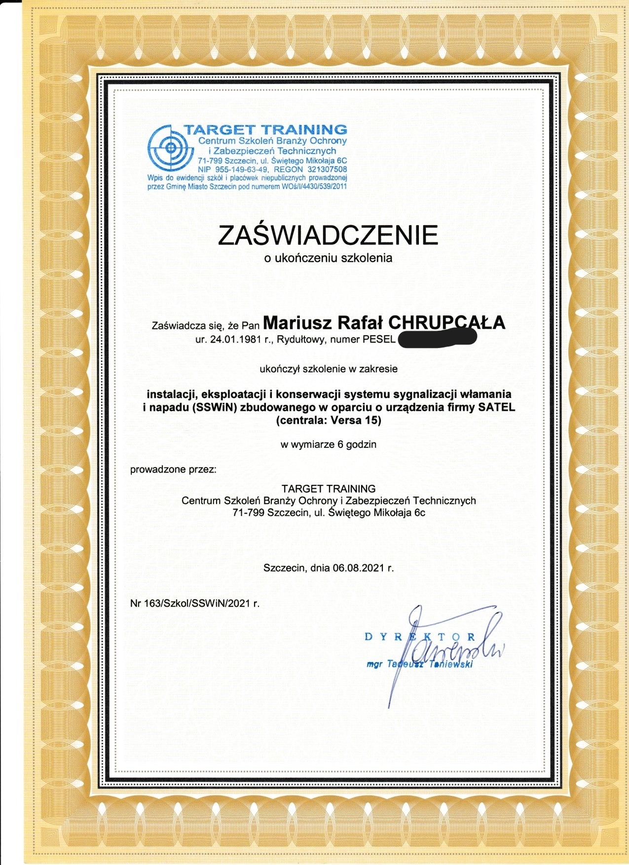 Skan zaświadczenia o ukończeniu szkolenia z zakresu instalacji, eksploatacji i konserwacji systemu sygnalizacji włamania i napadu (SSWIN) zbudowanego w oparciu o urządzenia firmy SATEL (centrala...