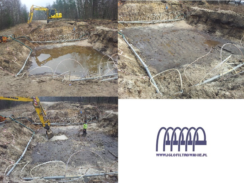 Wykonany wykop z systemem igłofiltrów i pracującą koparką Komatsu w tle, teren podmokły.