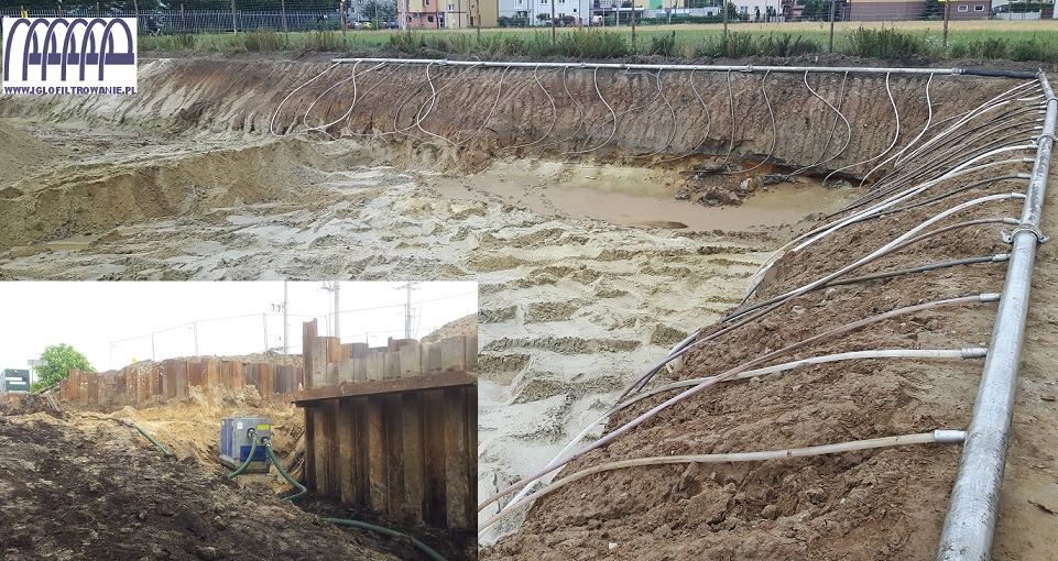Instalacja drenażowa igłofiltrowa w wykopie budowlanym w Tłuszczu, widoczne liczne węże i rury odprowadzające wodę.